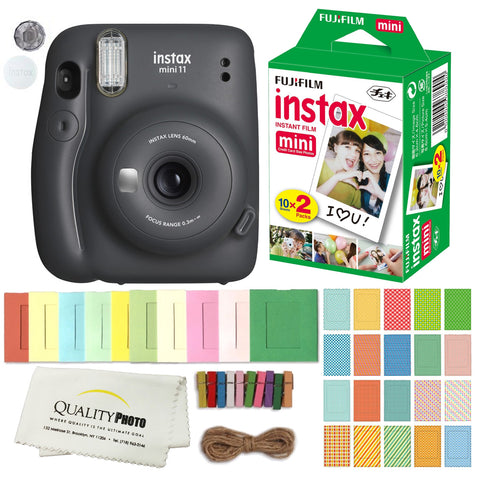 FUJIFILM INSTAX Mini 11 Instant Film Camera (Charcoal Gray) Plus Instax Film and Accessories Stickers, Hanging frames and Microfiber Cloth