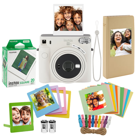 FUJIFILM Instax Square SQ1 Instant Camera, 20 Square Film, Photo Album, Frames and Cloth (Chalk White)