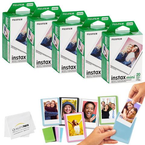 Fujifilm Mini Instax Films + Colored Magnet Photo Frames + Quality Photo Microfiber Cloth (100 Prints)
