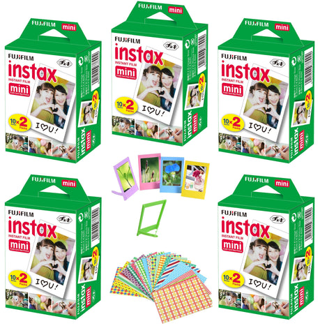 Fujifilm Instax Mini Instant Film, 5 Twin Packs (100 Sheets)+ Frames & Stickers