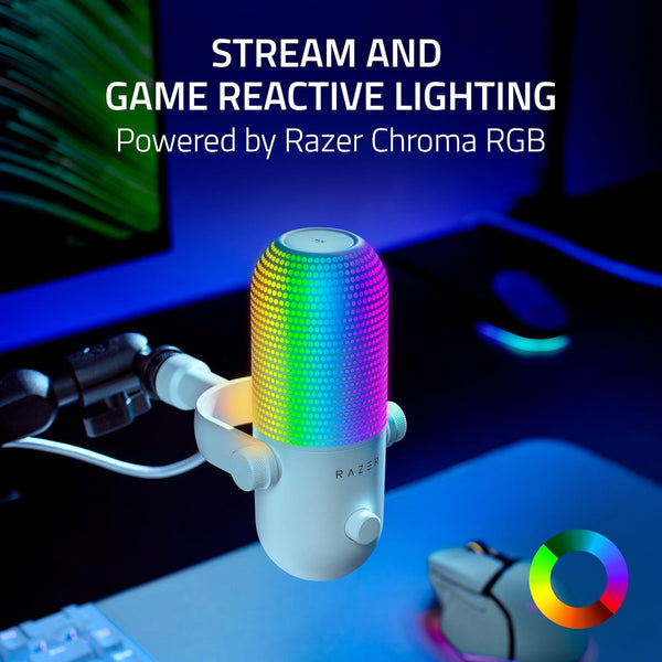 Razer Seiren V3 Chroma RGB USB Microphone: Stream & Game Reactive Lighting - Tap-to-Mute Sensor - Condenser Mic - Digital Gain Limiter & Shock Absorber - PC, Discord, OBS Studio, XSplit - White (Refurbished)