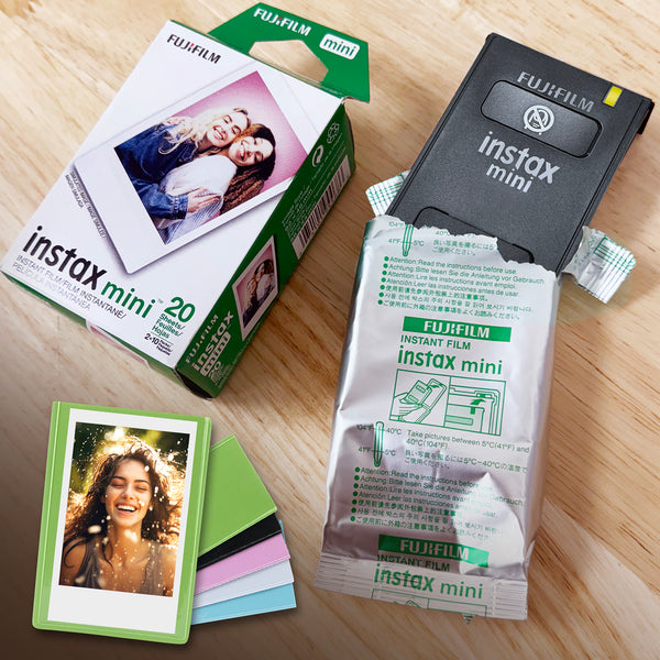 Fujifilm Mini Instax Films + Colored Magnet Photo Frames + Quality Photo Microfiber Cloth (20 Prints)