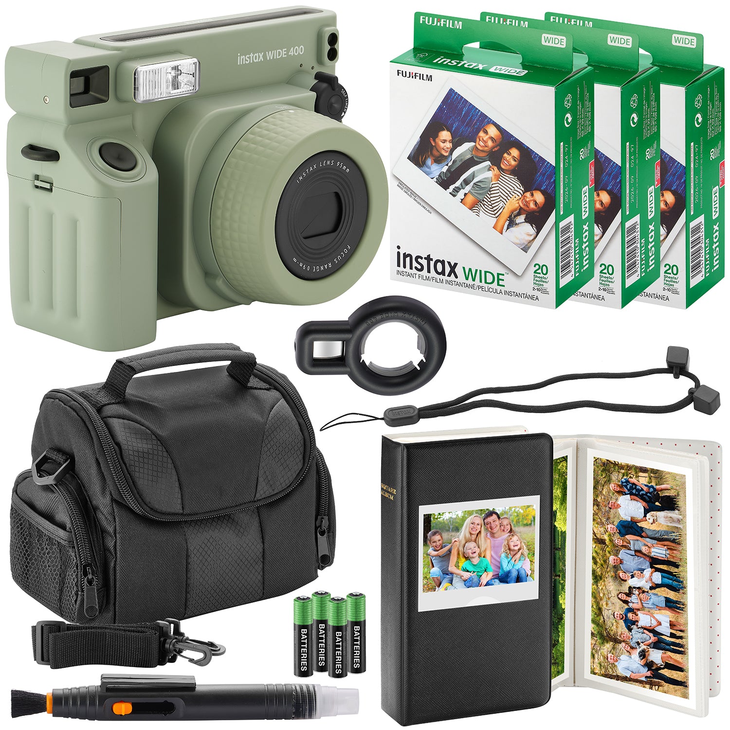 Fujifilm Instax Wide 400 Instant Camera + Camera Case + 4 AA Batteries + Photo Album, Cleaning Pen + 60 Photo Prints