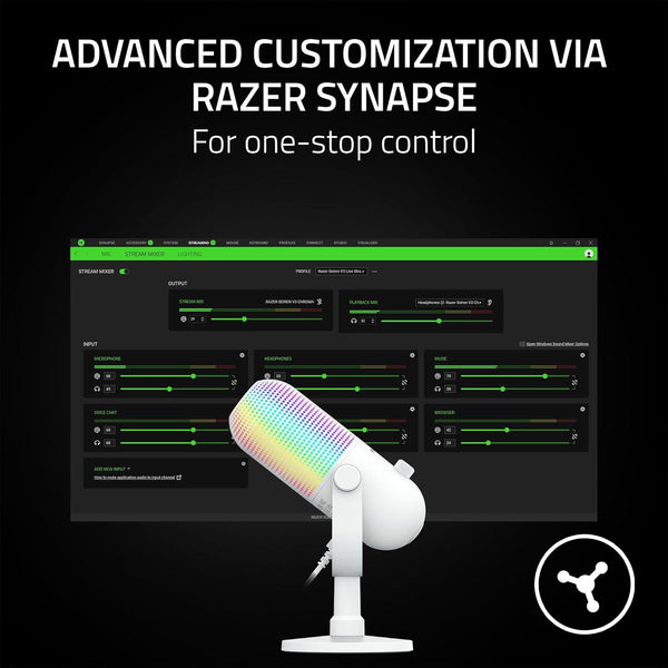 Razer Seiren V3 Chroma RGB USB Microphone: Stream & Game Reactive Lighting - Tap-to-Mute Sensor - Condenser Mic - Digital Gain Limiter & Shock Absorber - PC, Discord, OBS Studio, XSplit - White (Refurbished)