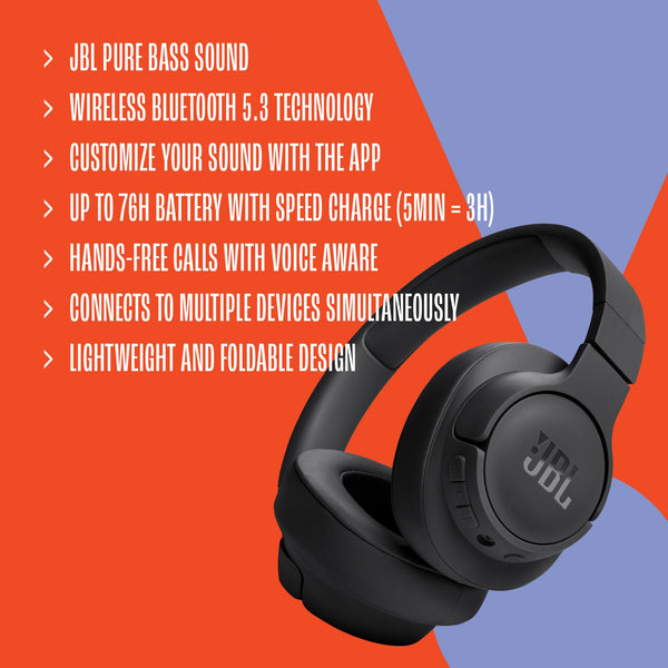 JBL Tune 720BT - Wireless Over-Ear Headphones with JBL Pure Bass Sound, Bluetooth 5.3, Up to 76H Battery Life and Speed Charge, Lightweight, Comfortable and Foldable Design (Black) (Refurbished)