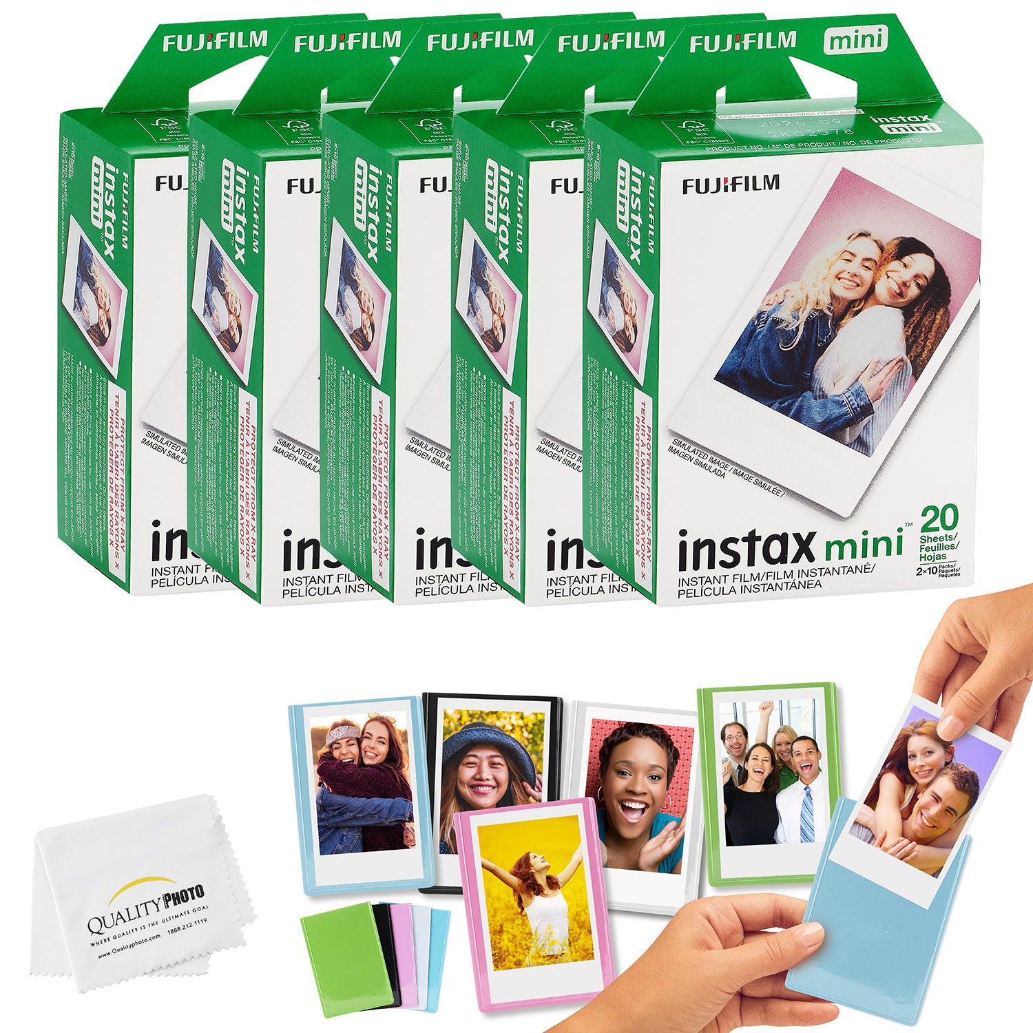 Fujifilm Mini Instax Films + Colored Magnet Photo Frames + Quality Photo Microfiber Cloth (100 Prints)