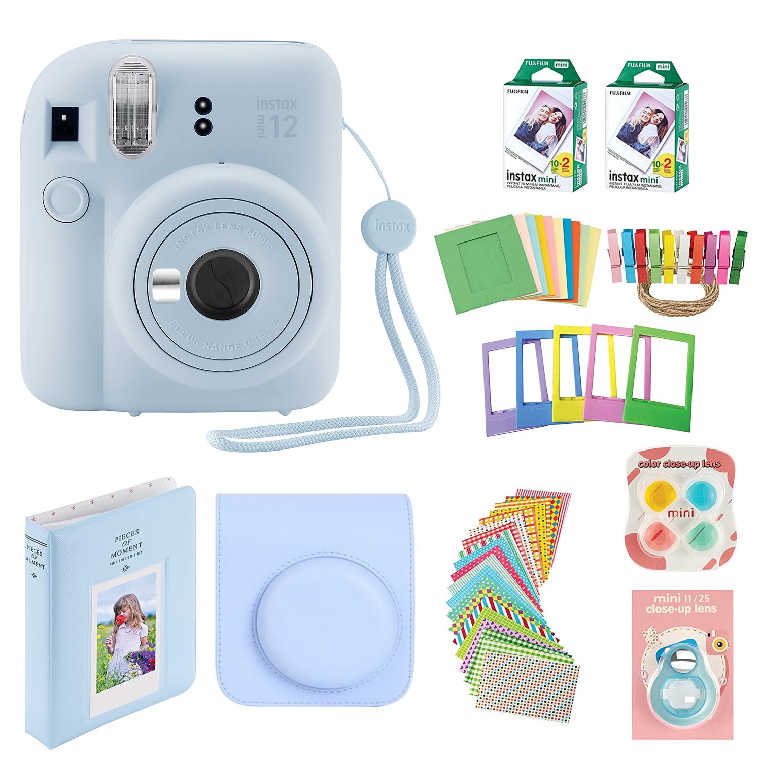 Fujifilm Instax Mini 12 Instant Camera with Case, 40 Fuji Films, Decoration Stickers, Frames, Photo Album and More Accessory kit (Pastel Blue)