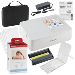 Canon SELPHY CP1500 Wireless Compact Photo Printer with Air Print and Morphia Device Printing, White, With Canon KP108 Paper And White hard case to fit all together