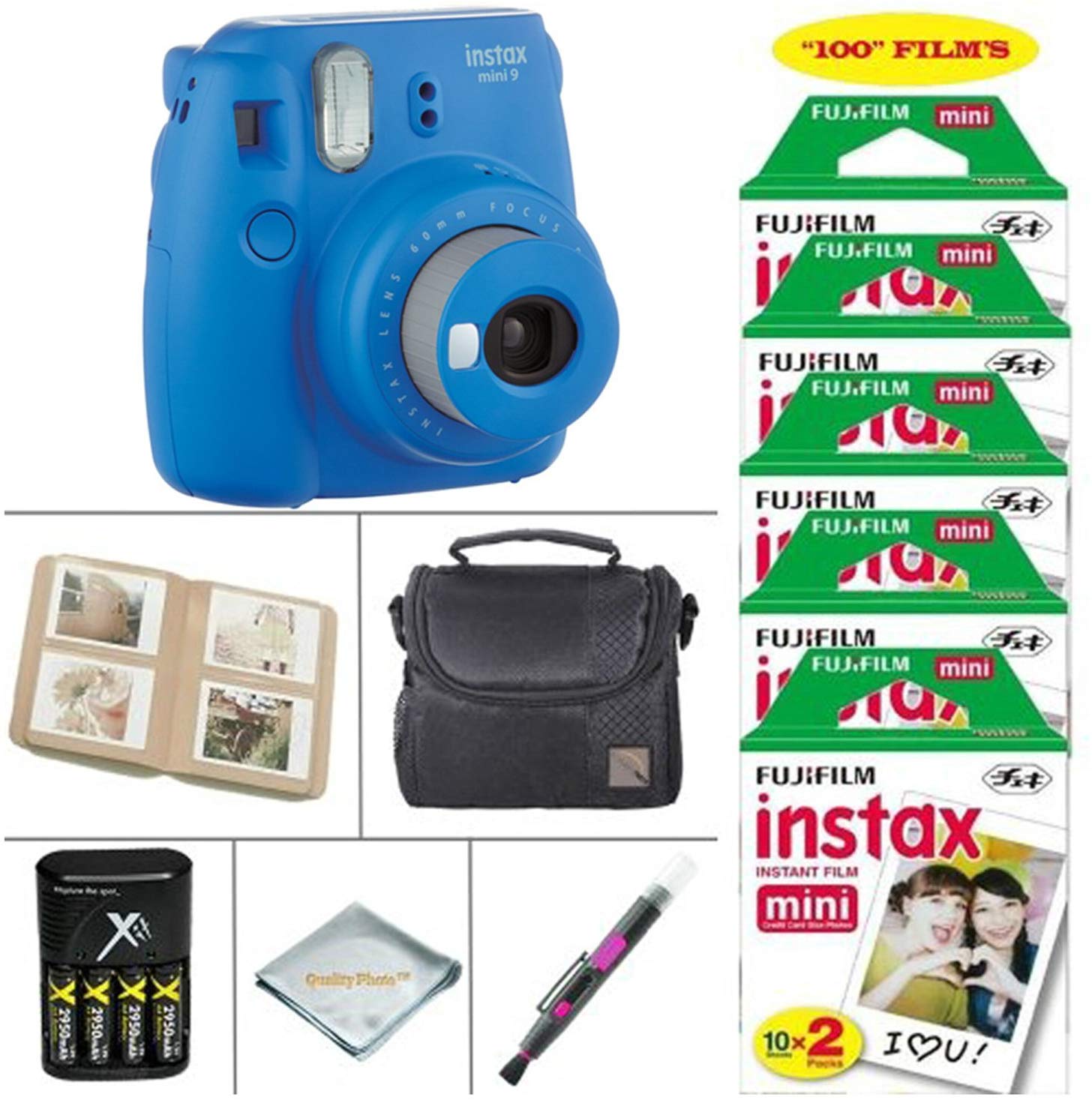 Fujifilm Mini 9 Instant Film Camera - Fujifilm Instax Film 100 PCS - Battery & Charger - Photo Album - Case