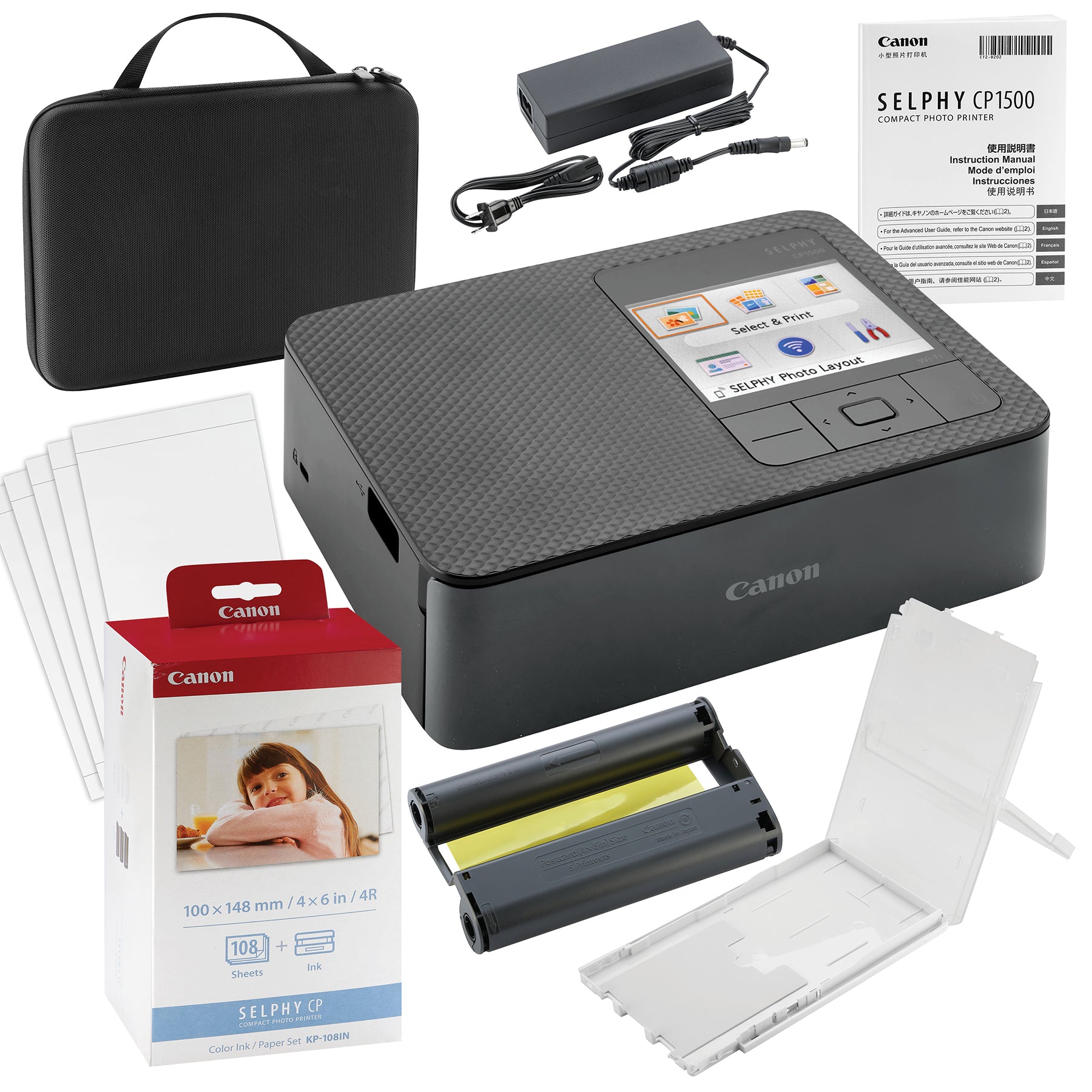 Canon SELPHY CP1500 Wireless Compact Photo Printer with AirPrint and Mopria Device Printing, Black, With Canon KP108 Paper And Black hard case to fit all together