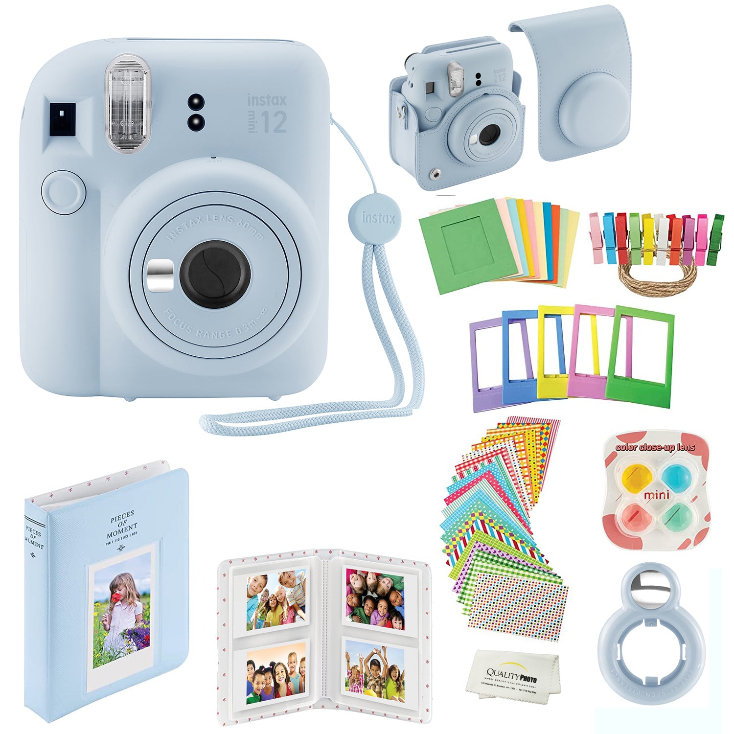 Fujifilm Instax Mini 12 Instant Camera with Case, Decoration Stickers, Frames, Photo Album and More Accessory kit (Pastel Blue)