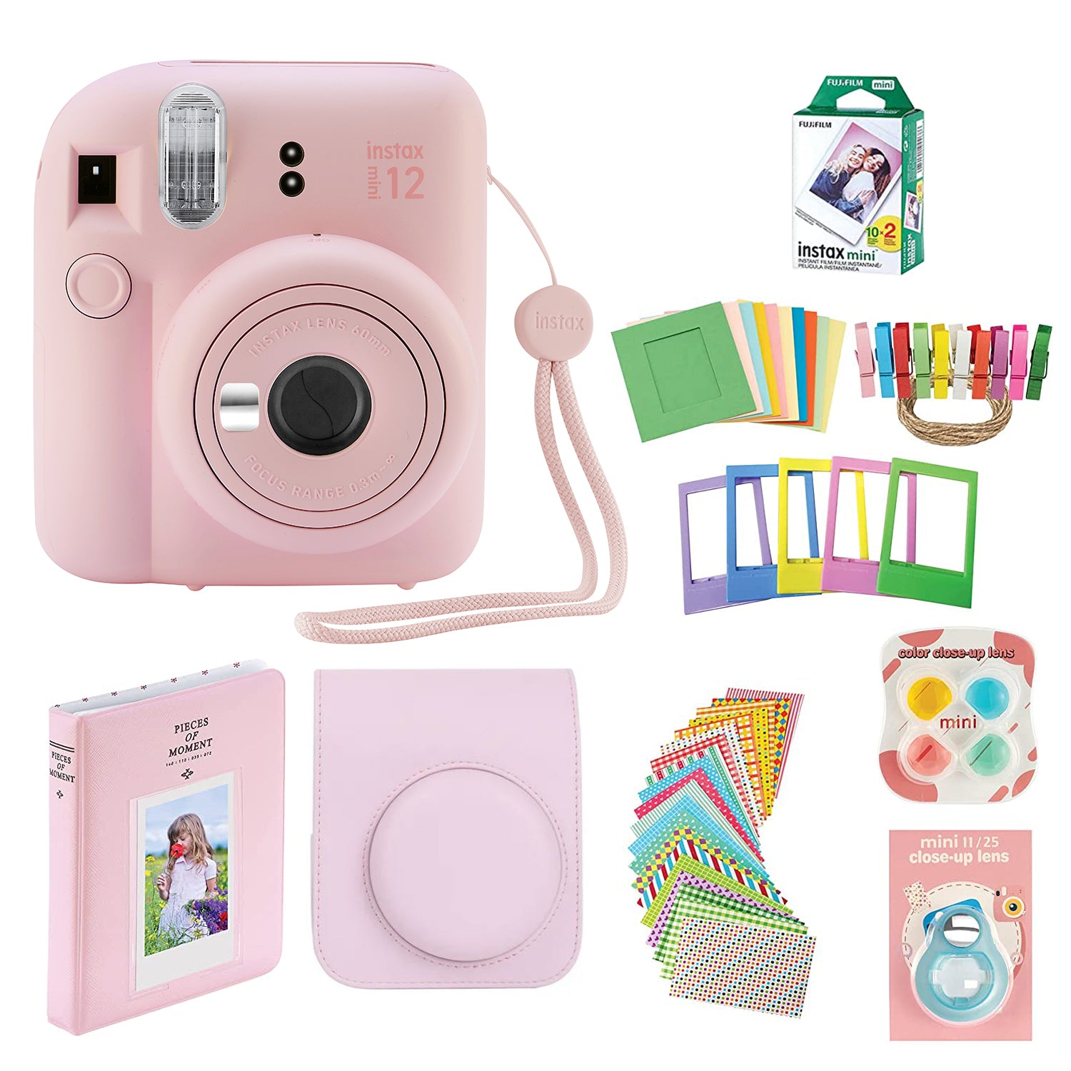 Fujifilm Instax Mini 12 Instant Camera with Case, 20 Fuji Films, Decoration Stickers, Frames, Photo Album and More Accessory kit (Blossom Pink)