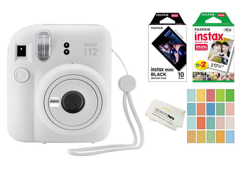 Fujifilm Instax Mini 12 Instant Camera with 20 Fujifilm Prints,10 Black Fujifilm Prints, Stickers with a Quality Photo Cloth (Clay White)