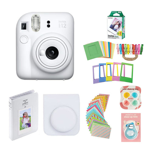 Fujifilm Instax Mini 12 Instant Camera with Case, 20 Fuji Films, Decoration Stickers, Frames, Photo Album and More Accessory kit (Clay White)