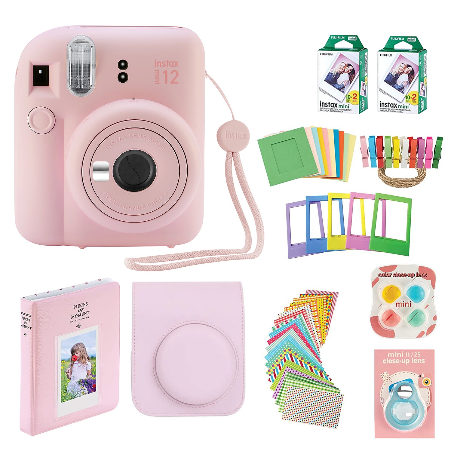 Fujifilm Instax Mini 12 Instant Camera with Case, 40 Fuji Films, Decoration Stickers, Frames, Photo Album and More Accessory kit (Blush Pink)