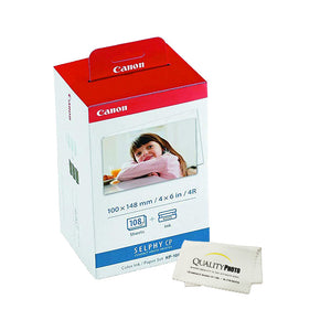 Canon KP-108IN 3 Color Ink Cassette and 108 Sheets 4 x 6 Paper Glossy For SELPHY CP1300, CP1200, CP910, CP900, CP760, CP770, CP780 CP800. Bonus: Quality Photo Microfiber Cloth