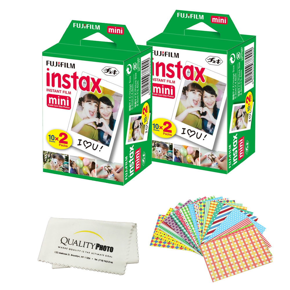 Fujifilm INSTAX Mini Instant Film 2 Pack - 20 Sheets - (White) for Fujifilm Instax Mini 8 & Mini 9 Cameras + Frame Stickers and Microfiber Cloth Accessories