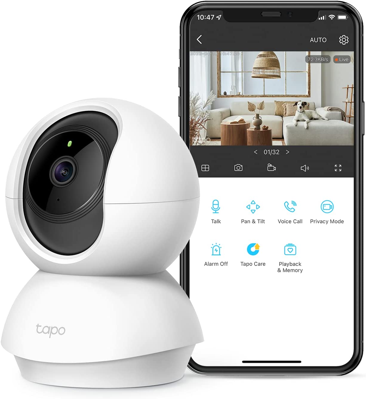 TP-Link Tapo 2K Pan Tilt Security Camera for Baby Monitor, Dog Camera w/ Motion Detection, 2-Way Audio Siren, Night Vision, Cloud &SD Card Storage (Up to 256 GB), Works with Alexa & Google Home (C210) (Refurbished)