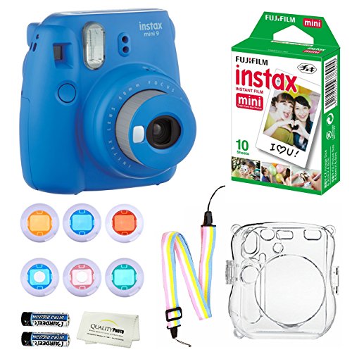 Fujifilm Instax Mini 9 Instant Camera + 10 Fuji Instant Film Sheets + Convenient Instax Clear Case W/Rainbow Strap + 6-Color Lenses & More