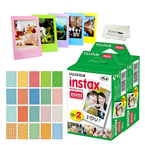 Fujifilm Instax Mini Instant Film (4 Pack = 40 Sheets) For Fujifilm Mini 9 or Mini 8 Camera + 5 Colored Frames + 20 Assorted Colorful Sticker Frames + Microfiber cloth by Quality Photo