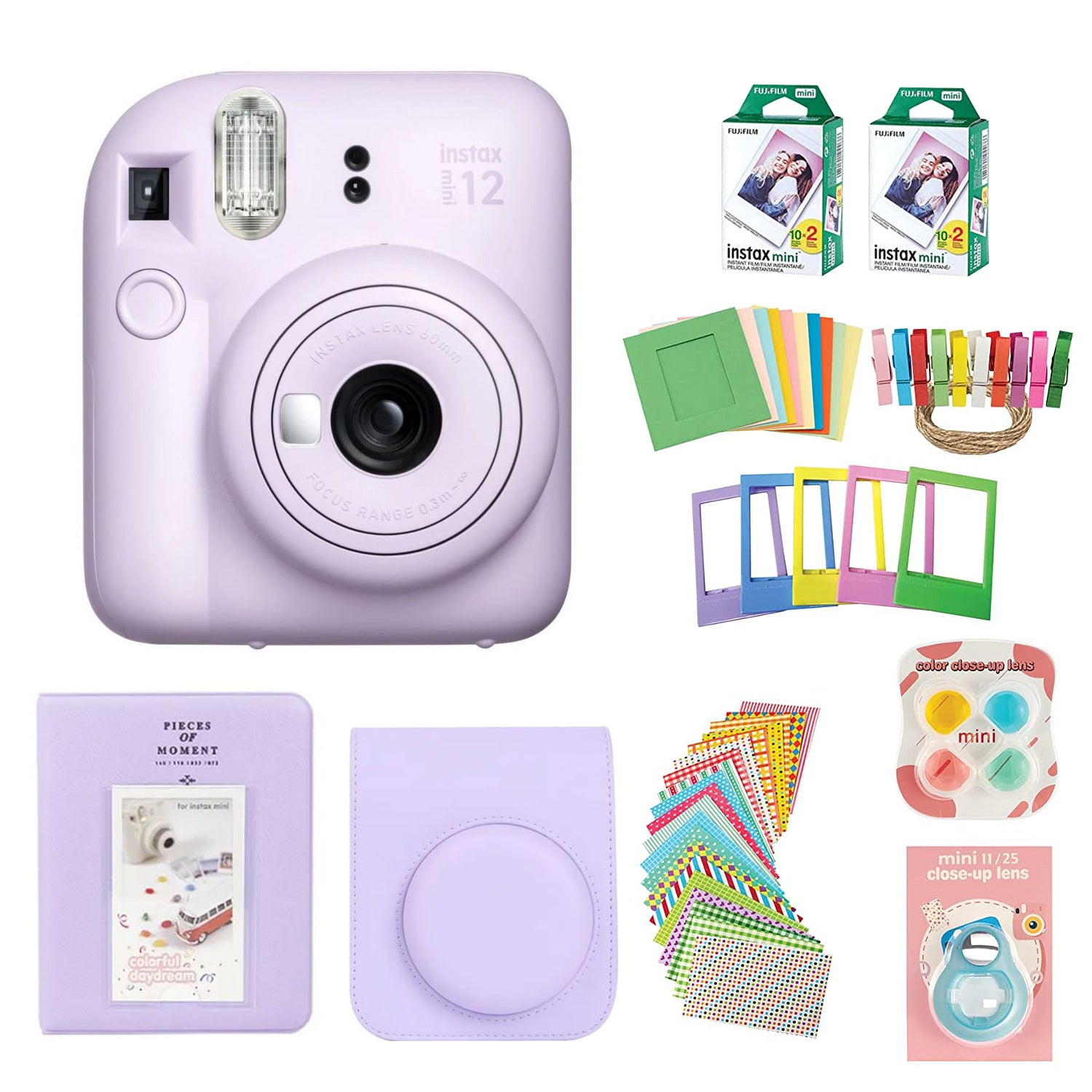 Fujifilm Instax Mini 12 Instant Camera with Case, 40 Fuji Films, Decoration Stickers, Frames, Photo Album and More Accessory kit (Lilac Purple)