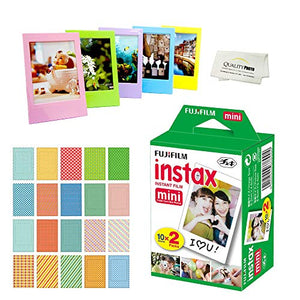 Fujifilm Instax Mini Instant Film 2 Pack = 20 Sheets for Fujifilm Mini 9 or Mini 8 Camera + 5 Colored Frames + 20 Assorted Colorful Sticker Frames + Microfiber Cloth by Quality Photo