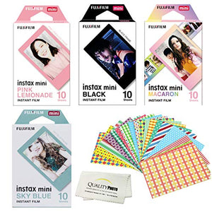 Fuji Instax Films For Fujifilm Instax Mini Series Cameras 4 Assorted Designed Films+40 Stickers for films. 10 Films of each. Pink Lemonade, Black, Macaron And Sky blue.+ Quality Photo Microfiber Cloth