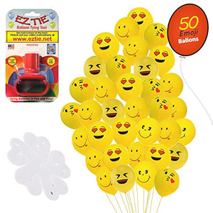 QP Latex Emoji Smiley Face 12" Balloons, (50 Pack). w/Balloon Tying Tool and 5 Flower Clips Accessory - Party Supplies
