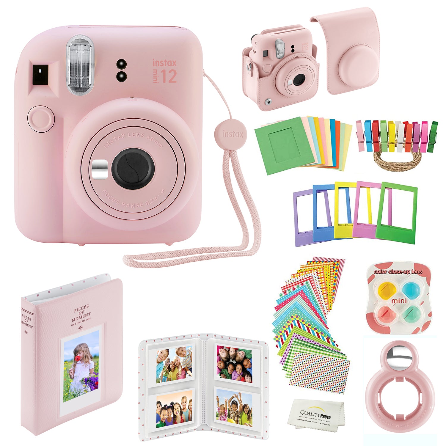 Fujifilm Instax Mini 12 Instant Camera with Case, Decoration Stickers, Frames, Photo Album and More Accessory kit (Blossom Pink)