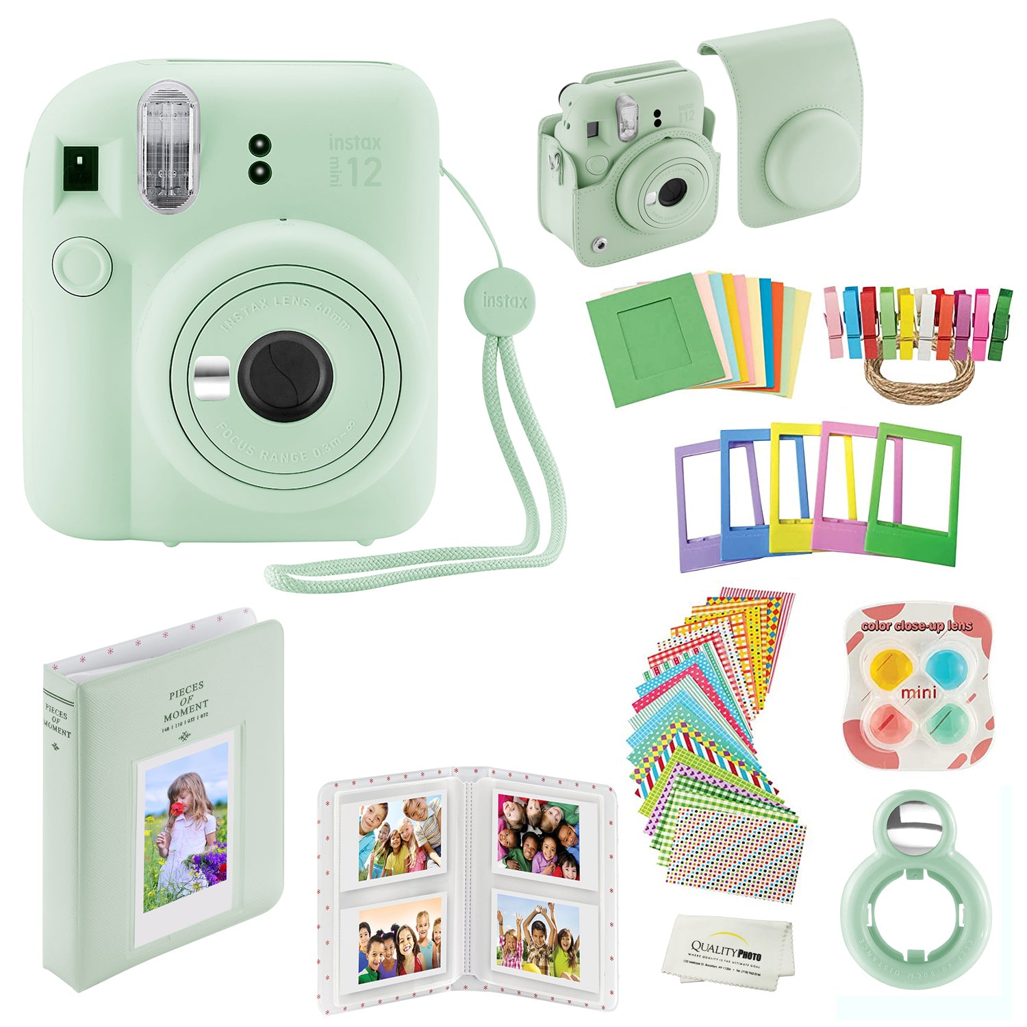 Fujifilm Instax Mini 12 Instant Camera with Case, Decoration Stickers, Frames, Photo Album and More Accessory kit (Mint Green)