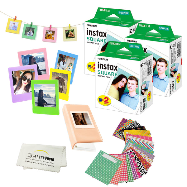 Fuji SQ6 Instax Square Accessory Bundle. 20, 40, 60, 80, or 100 Fuji Square Films + 5 Plastic Frames for Prints + 10 Hanging Frames + 20 Stickers to Decorate Your Prints + Album + Quality Photo Microfiber Cloth