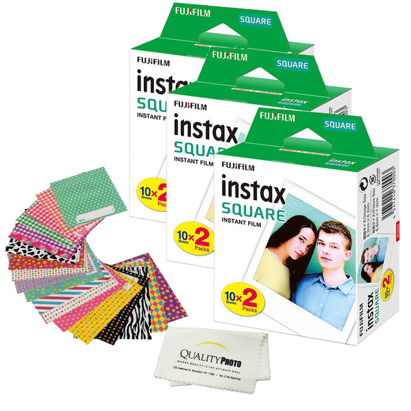 Fujifilm Instax Square Instant Film and Stickers for The Fujifilm instax Square Instant Camera + Quality Photo Microfiber Cloth. 20, 40, 60, 80, or 100 Films