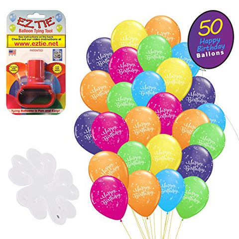 QP Latex Happy Birthday 12" Balloons, (50 Pack). w/Balloon Tying Tool and 5 Flower Clips Accessory - Party Supplies