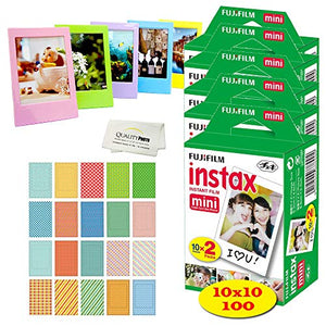 Fujifilm Instax Mini Instant Film, (10 Pack = 100 Sheets) For Fujifilm Mini 9 or Mini 8 Camera + 5 Colored Frames + 20 Assorted Colorful Sticker Frames + Microfiber cloth by Quality Photo