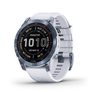 Garmin fenix 7 Sapphire Solar, adventure smartwatch, with Solar Charging Capabilities, rugged outdoor watch with GPS, touchscreen, wellness features, mineral blue DLC titanium whitestone band