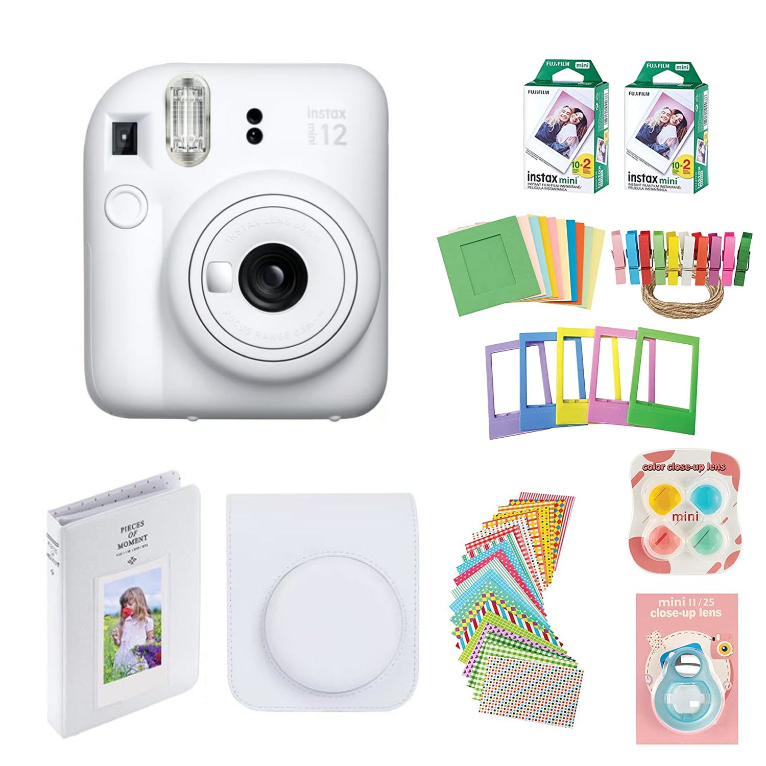 Fujifilm Instax Mini 12 Instant Camera with Case, 40 Fuji Films, Decoration Stickers, Frames, Photo Album and More Accessory kit (Clay White)