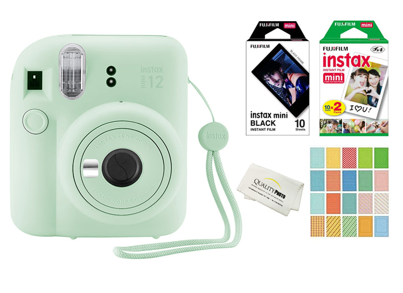 Fujifilm Instax Mini 12 Instant Camera with 20 Fujifilm Prints,10 Black Fujifilm Prints, Stickers with a Quality Photo Cloth (Mint Green)