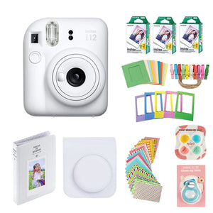 Fujifilm Instax Mini 12 Instant Camera with Case, 60 Fuji Films, Decoration Stickers, Frames, Photo Album and More Accessory kit (Clay White)