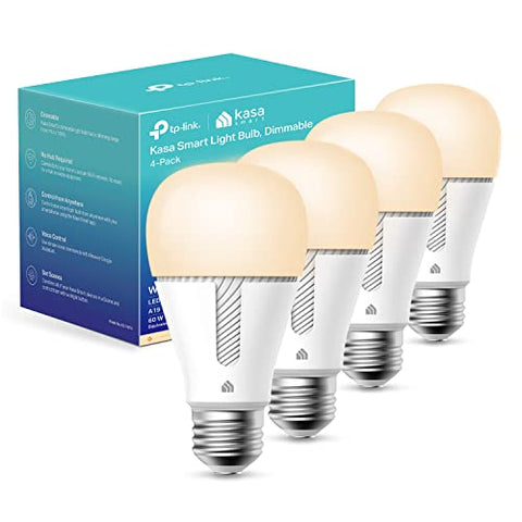 Kasa Smart Light Bulbs that works with Alexa and Google Home, Dimmable Smart LED Bulb, A19, 9W, 800Lumens, Soft White(2700K), CRI≥90, WiFi 2.4Ghz only, No Hub Required, 4-Pack(KL110P4)