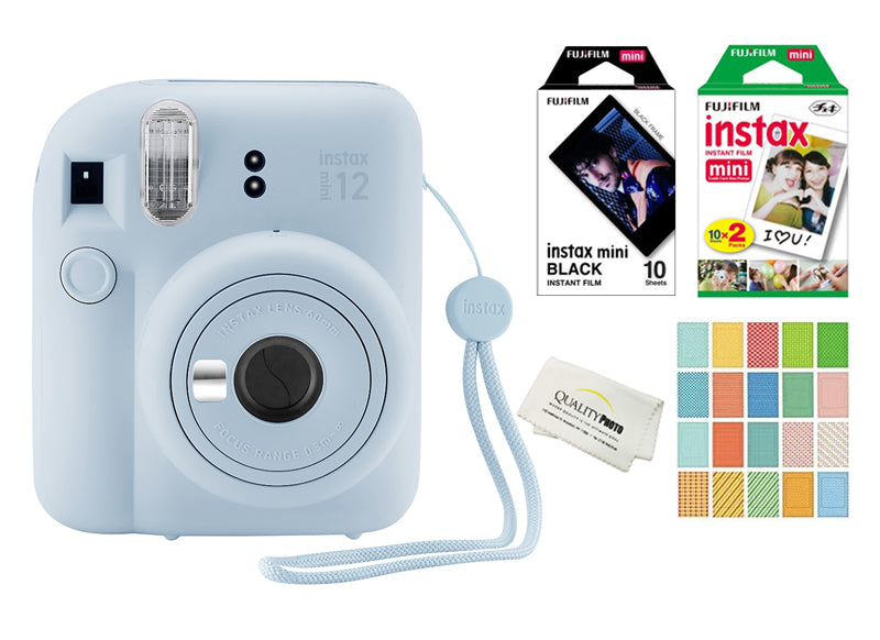 Fujifilm Instax Mini 12 Instant Camera with 20 Fujifilm Prints,10 Black Fujifilm Prints, Stickers with a Quality Photo Cloth (Pastel Blue)