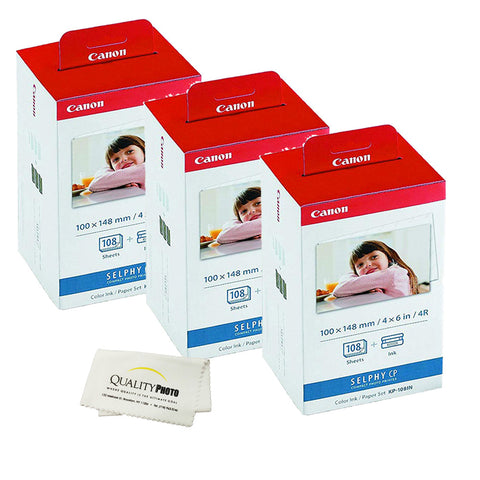 Canon KP-108IN -3 Pack- 3 Color Ink Cassette, 324 Sheets 4 x 6 Paper Glossy For SELPHY CP1300, CP1200, CP910, CP900, CP760, CP770, CP780 CP800. Bonus: Quality Photo Microfiber Cloth