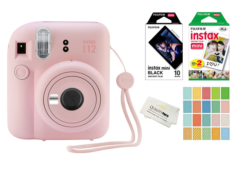 Fujifilm Instax Mini 12 Instant Camera with 20 Fujifilm Prints,10 Black Fujifilm Prints, Stickers with a Quality Photo Cloth (Blossom Pink)
