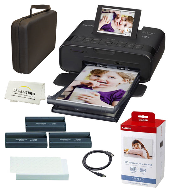 Canon SELPHY CP1300 Wireless Compact Photo Printer with AirPrint and Mopria Device Printing, Black, with Canon KP108 Paper and Black Hard case to fit All Together