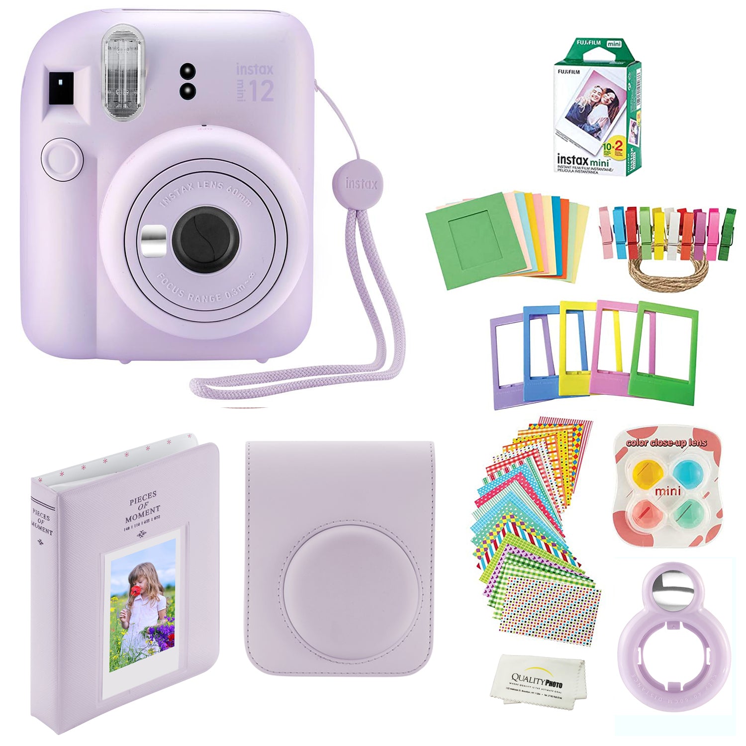 Fujifilm Instax Mini 12 Instant Camera with Case, 20 Fuji Films, Decoration Stickers, Frames, Photo Album and More Accessory kit (Lilac Purple)