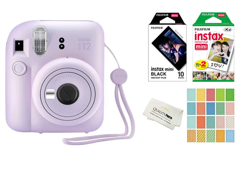 Fujifilm Instax Mini 12 Instant Camera with 20 Fujifilm Prints,10 Black Fujifilm Prints, Stickers with a Quality Photo Cloth (Lilac Purple)