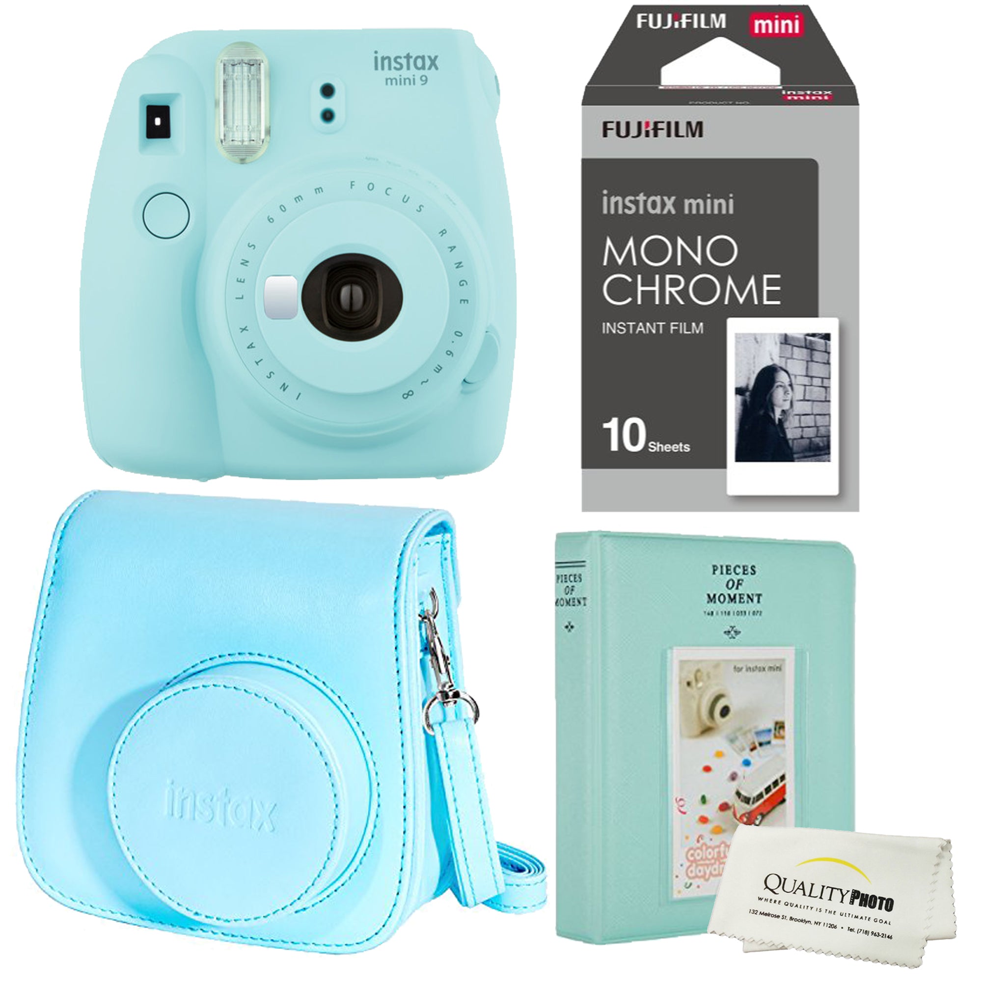 Fujifilm Instax Mini 9 Polaroid Ice Blue Instant Camera Plus Original Fuji Case, Photo Album and Fujifilm Monochrome 10 Films
