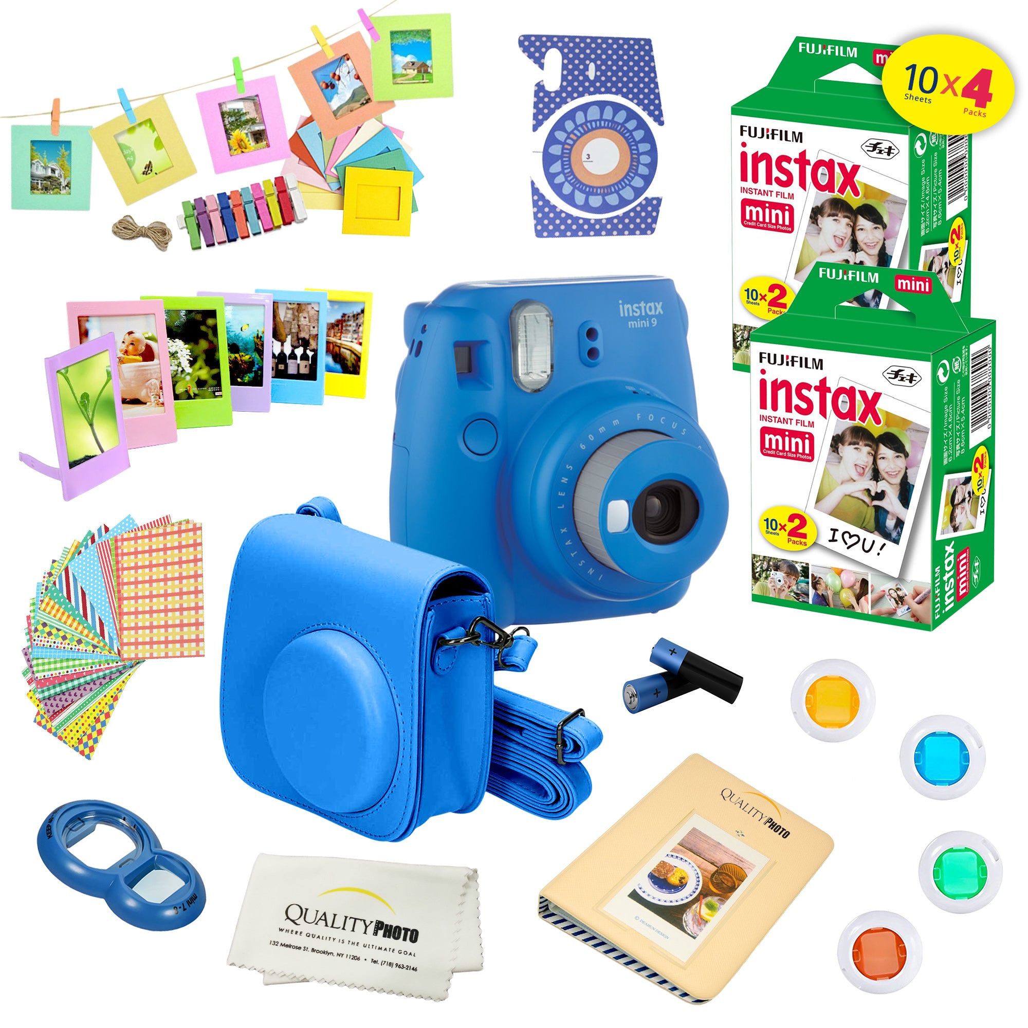 Fujifilm Instax Mini 9 Camera + Fuji INSTAX Instant Film (40 SHEETS) + 14 PC Instax Accessories kit Bundle, Includes; Instax Case + Album + Frames & Stickers + Lens Filters + MORE