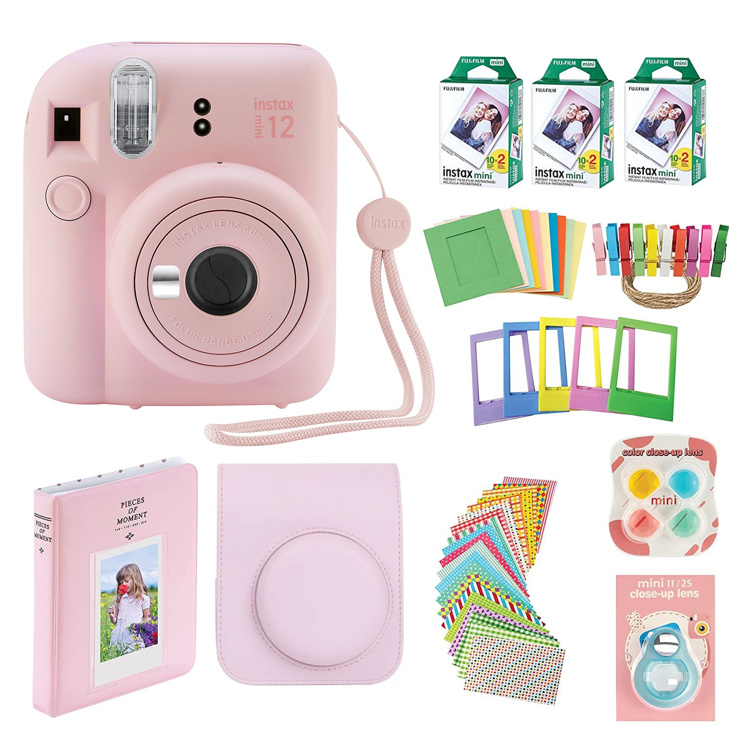 Fujifilm Instax Mini 12 Instant Camera with Case, 60 Fuji Films, Decoration Stickers, Frames, Photo Album and More Accessory kit (Blush Pink)