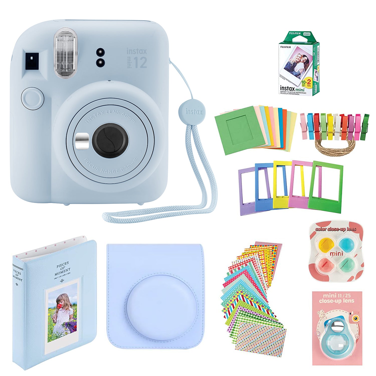 Fujifilm Instax Mini 12 Instant Camera with Case, 20 Fuji Films, Decoration Stickers, Frames, Photo Album and More Accessory kit (Pastel Blue)