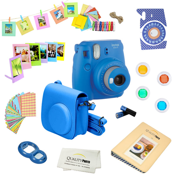 Fujifilm Instax Mini 9 Camera + 14 PC Instax Accessories kit Bundle, Includes; Instax Case + Album + Frames & Stickers + Lens Filters + MORE